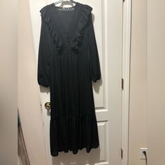 Tiered Long Sleeve Ruffled Midi By Zara. Never Worn Tried On. Zara Long Sleeve Black Maxi Dress, Zara Black Maxi Dress For Brunch, Zara Black Maxi Dress With Ruffles, Zara New, Black Midi, Zara Black, Zara Dresses, Dress Black, New Dress