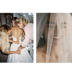 two women in wedding dresses hugging each other and one is wearing a veil over her head