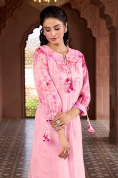 Cherry blossom pink kurta with prints, tassels, coin and sequin work. Comes with matching printed pant. - Aza Fashions Pink Sets With Printed Motifs For Spring, Elegant Pink Palazzo Set For Spring, Spring Wedding Pink Palazzo Set, Pink Festive Sets For Spring, Pink Sets With Resham Embroidery For Spring, Pink Anarkali Palazzo Set For Spring, Fitted Pink Palazzo Set With Floral Print, Pink Spring Sets With Resham Embroidery, Pink Straight Kurta Sets For Spring