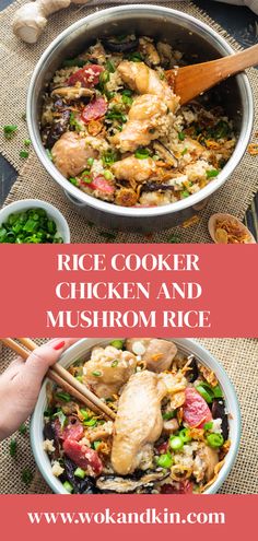 rice cooker chicken and mushroom rice with chopsticks