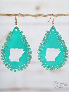 Earrings are approximately 1.5" x 2.5" Turquoise Leather, Free Giveaway, Earrings Gold, Arkansas, Gold Earrings, Crochet Earrings, Turquoise, Drop Earrings, Crochet