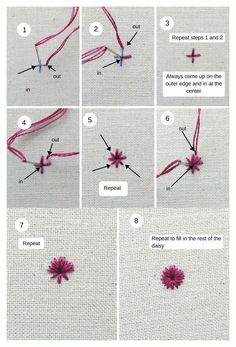 instructions to crochet a flower on the back of a piece of cloth with yarn