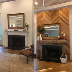 two pictures of a living room with fireplace, mirror and chair in the middle one is empty