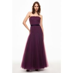 Purple (100% Nylon). Gown. Sleeveless. Strapless. Back zipper closure. 58" from shoulder to hemline. Imported. Fitted Strapless Dress With Tulle Skirt For Gala, Elegant Strapless Tulle Dress For Gala, Elegant Strapless Evening Dress With Tulle Skirt, Gala Strapless Dress With Tulle Skirt And Fitted Bodice, Elegant Fitted Strapless Dress With Tulle Skirt, Gala Strapless Dress With Tulle Skirt, Sleeveless Evening Dress With Tulle Skirt And Fitted Bodice, Floor-length Tulle Strapless Dress For Gala, Strapless Fitted Tulle Gown