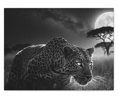 a black and white photo of a leopard in front of a full moon with trees