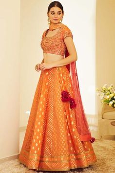 Shop for Shyam Narayan Prasad Orange Silk Jaquard Chanderi Lehenga Set for Women Online at Aza Fashions Chanderi Lehenga, Lehenga With Blouse, Latest Bridal Lehenga Designs, Brocade Lehenga, Orange Lehenga, Embroidered Orange, Mehendi Outfit, Bridal Lehenga Designs, Simple Lehenga