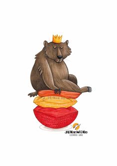 a drawing of a bear with a crown sitting on top of three different colored pillows