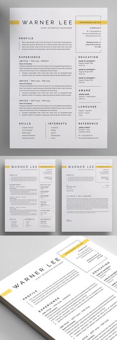 a clean and modern resume template with yellow accents on the front, side and back