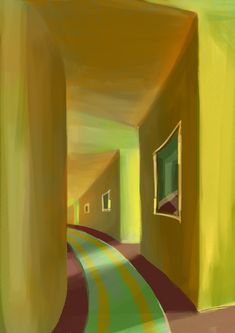 an abstract painting of a hallway with yellow walls and green trimmings on the floor