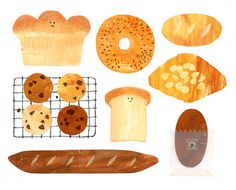 a drawing of bread, cookies and other items on a wire rack with a white background