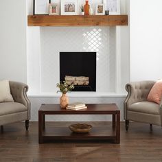 a living room with two chairs and a coffee table in front of a fire place