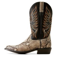 Show off your wild side in this sharp-looking boot. With a traditional, rounded Almond toe and striking python leather foot, it's as impressive at a business meeting as it is at a country concert. Slick Cowboy Boot | Product Features : 0 : ATS® technology provides ergonomic support on uneven terrain, 1 : TekStep provides toe-to-heel cushion for comfort, 2 : Removable All Day Cushioning insole, 3 : Vegetable-tanned leather sole, 4 : Goodyear welt construction, 5 : Six-row stitch pattern with embr Western Snip Toe Boots With Snake Print, Western Leather Boots With Snake Print, Black Snake Print Ankle Boots, Western Boots With Snake Print And Round Toe, Fitted Leather Boots With Snake Print, Fitted Leather Snake Print Boots, Cowboy Boots Mens, Country Concerts, Country Concert