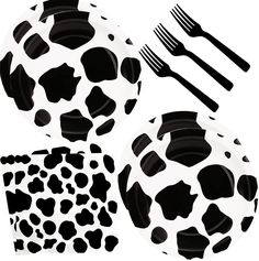 black and white paper plates with animal print on them, forks and spoons in the shape of hearts