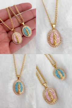 Virgin of Guadalupe necklace ..................................... MATERIAL AND SIZE 18k gold plated medal Pink and Blue enamel medal 18k gold filled chain Size pendant: 1.5cm Length chain: 18 inches or 45cm …………………………………. Our Lady Of Guadalupe Round Pendant As Gift, Spiritual Oval Our Lady Of Guadalupe Necklace, Spiritual Oval Necklace Featuring Our Lady Of Guadalupe, Gold Pendant Necklace For First Communion, Oval Our Lady Of Guadalupe Necklace Gift, Oval Our Lady Of Guadalupe Necklace For Gift, Spiritual Pendant Jewelry For First Communion, Oval Virgin Mary Jewelry Gift, Spiritual Oval Miraculous Medal Necklace