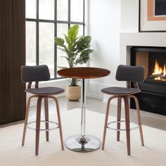 two chairs and a table in front of a fire place with a potted plant