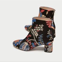 Fabric Floral Embroidered Boots. Zipper Closure On Back. Eu38/Us7.5 Eu40/Us9 B1 Cutout Ankle Boots, Flat Leather Boots, Cheetah Print Heels, Cowboy Ankle Boots, Boots Zipper, Floral Boots, Zara Heels, Embroidered Boots, Chelsea Ankle Boots