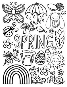 the word spring is surrounded by doodles, flowers and other things in black and white