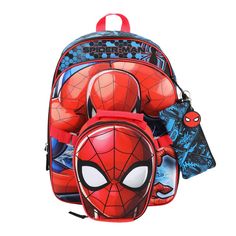 Your little superhero can head to school in style with this officially licensed Spider-Man 5-piece backpack and lunchbox combo set! The 16” backpack has been custom-designed with big, colorful graphics of everyone’s favorite web-slinger. A front zippered pocket keeps smaller objects within easy reach, while the mesh side pockets make it easier to stay hydrated throughout the day. The shaped Spidey lunchbox is the perfect lunchtime accessory, while the matching pencil pouch helps your student sta Themed Red Backpack, Red Character Bag For School, Themed Red Backpack For School, Themed Red School Backpack, Themed Red School Bag, Web Slinger, Backpack Set, Colorful Graphics, Kids Backpack