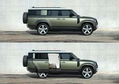 two pictures of the front and side doors of a green land rover