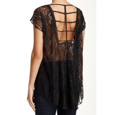 Modest Silhouette With A Sexy Cutout On Back Oversized Sheer Lace Top Rounded Hem 100% Polyester Hand Wash Cold, Lay Flat To Dry Not Lined. Some Photos Are Shown With A Black Tank Underneath (Not Included) Approximate Measurements: Bust 20.5" Length 25.5 At Shortest Point, 32" At Longest Point **Stock Photos For Reference Only*" Edgy Summer Blouse For Night Out, Black Stretch Beach Blouse, Stretch Black Beach Blouse, Beach Stretch Black Blouse, Casual Black Blouse For Going Out, Edgy Black Tops For Day Out, Casual Short Sleeve Tops For Going Out, Edgy Tops For Going Out, Sheer Lace Top