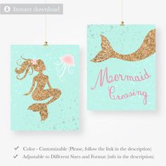 two mermaids with gold glitter paint on them hanging from strings, and the words mermaid eras