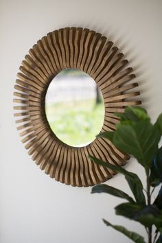 a mirror hanging on the wall next to a potted plant