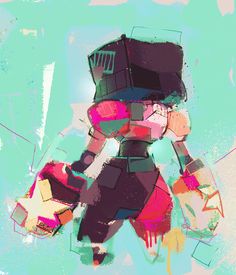 a digital painting of a robot holding a skateboard in his hand and wearing a helmet