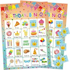 birthday bingo game with cupcakes, balloons and confetti on it's cards