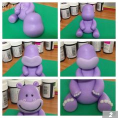 there are four pictures of the same purple toy