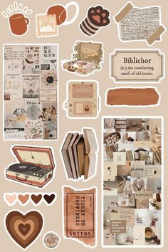 a collage of different types of paper with hearts and other things on it, including an open book