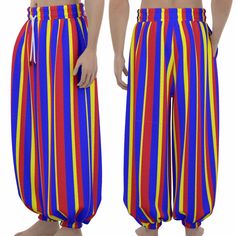 What could be more clowny than long balloon pantaloon clown pants in kidcore nostalgic primary color stripes of red yellow and blue?!? Level up your professional clowning style or get yourself the nicest Halloween clown costume pants imaginable. Yummy soft and warm waffle knit fabric is fantastic for chilly Fall outdoor events or chilly indoor air-conditioned events. These are so comfortable that you may just want to keep them on for bed as cozy sleepwear lounge pants. Circuscore classic stripes will go with all kinds of clowncore fashions and of course the side pockets can carry a few extra red noses or silly props. ❤️ Fabric: Poly Waffle (95% polyester and 5% spandex) 💛 Regular fit PLEASE DON'T GUESS YOUR SIZE! Measure from a pair of pants that fit you well and compare to our chart. Tha Clowncore Fashion, Clowncore Outfit, Clown Pants, Costume Pants, Silly Clothes, Clown Clothes, Cozy Sleepwear, Funky Hats, Halloween Clown