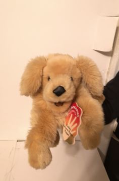 a teddy bear that is sitting up against a wall with a tag on it's ear