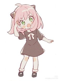 an anime character with pink hair and green eyes