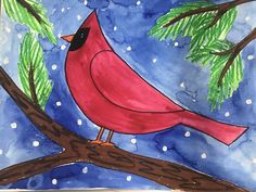 a painting of a red bird perched on a tree branch in the snow with pine needles