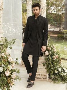 Black Indian Outfit Men, Kurta Sherwani For Men, Indian Wedding Kurta For Men, Black Indo Western Dress Men, Indo Western Outfits Wedding For Men, Marriage Suits For Men, Black Kurta Men, Indo Western Men, Indowestern Outfits For Men