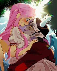 two anime characters hugging each other in front of some trees and bushes, one with pink hair