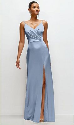 Pleated Faux Wrap Satin Maxi Bridesmaid Dress With Adjustable Spaghetti Straps In Cloudy | The Dessy Group Charmeuse Dress