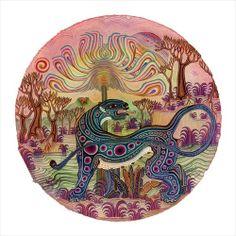 a plate with an animal painted on the front and side in multicolored designs