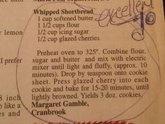 the recipe is written in red ink on white paper