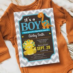 $2.70 | Dinosaur Baby Shower Invitation Boy | Baby Shower Invitations | baby shower, boy baby shower, baby shower boy, baby shower elephant, blue and yellow, dinosaur baby shower, dinosaur, dinosaur boy baby shower, boy dinosaur baby shower, dinosaur theme baby shower Baby Shower Dinosaur Theme, Chevron Pattern Background, Dinosaur Baby Shower Invitations, Yellow Dinosaur, Baby Shower Invitation Boy, Dinosaur Dinosaur, Popular Baby Names, Dinosaur Baby Shower