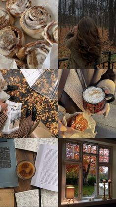 a collage of photos with food, books and papers on the table next to an open laptop computer