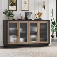 a black and brown cabinet with glass doors in a living room next to a potted plant