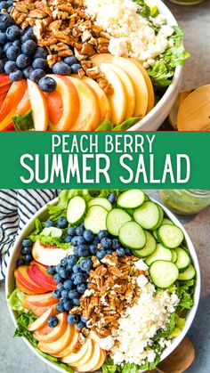 two bowls filled with different types of fruit and vegetables, one has blueberries, the other has peaches