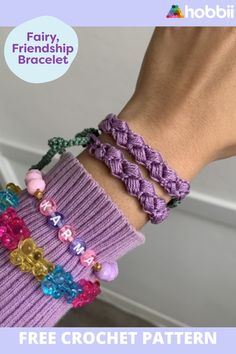 a person wearing purple knitted bracelets with colorful beads on their wrist and the text free crochet pattern