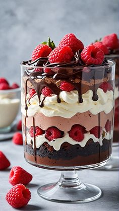 a layered cake with raspberries and chocolate frosting