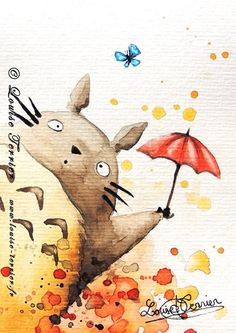 a watercolor painting of a cat holding an umbrella in the rain with butterflies flying around