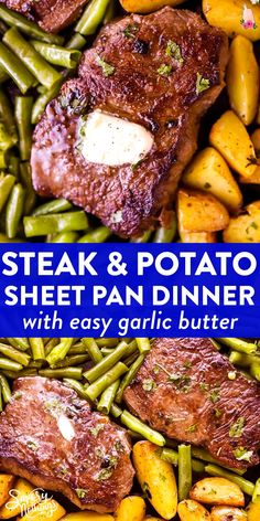 steak and potato sheet pan dinner with easy garlic butter on the side, served over green beans