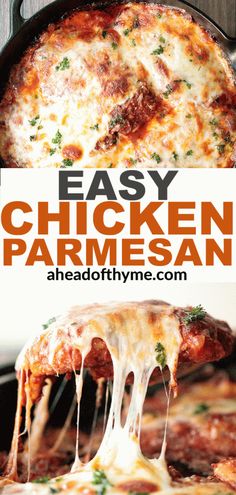 easy chicken parmesan recipe with melted cheese on top and the title above it reads easy chicken parmesan