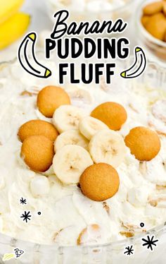 banana pudding fluff in a glass bowl with bananas on top and text overlay