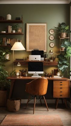 a desk with a computer, lamp and plants in front of a window on the wall